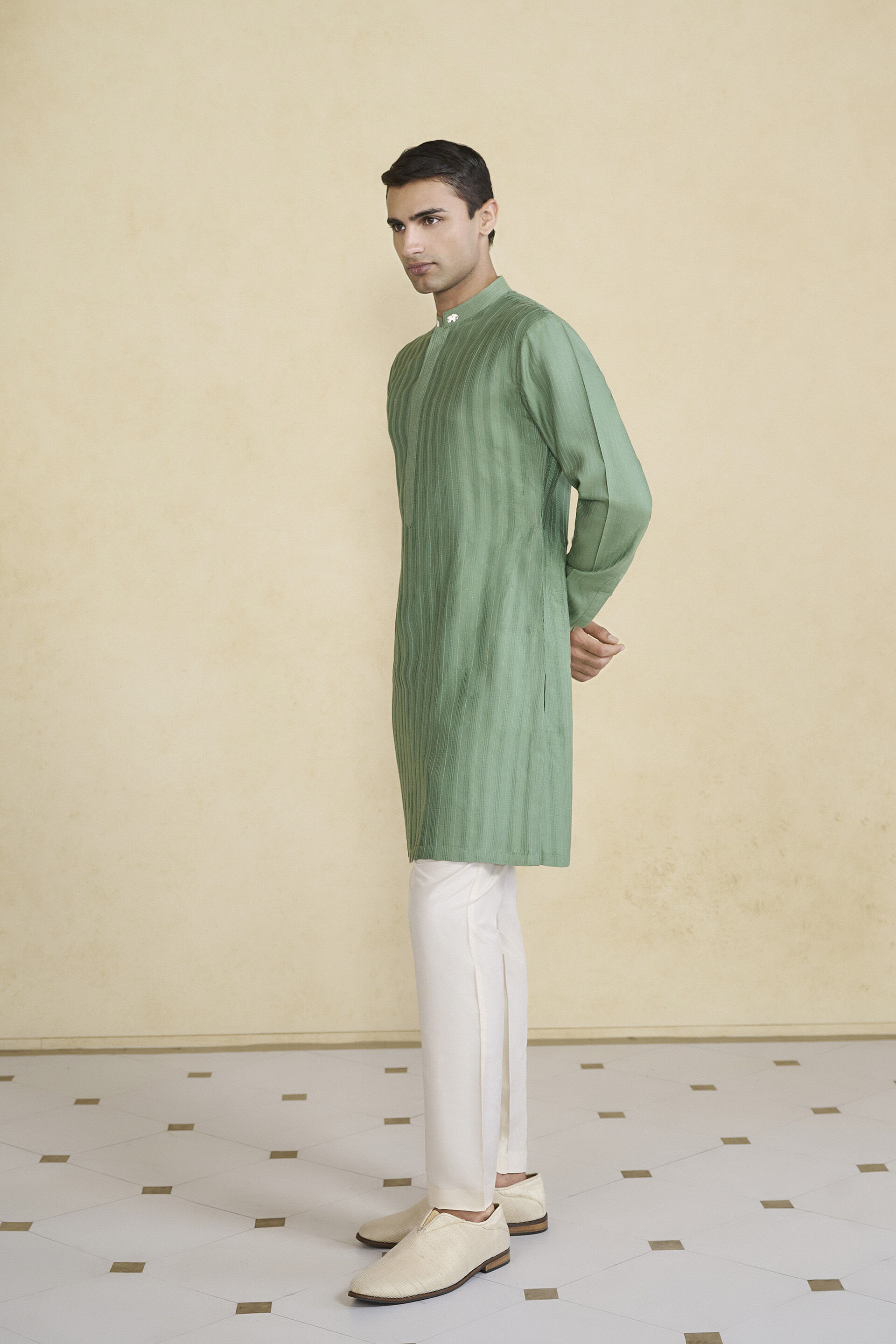 Daeven Embroidered Silk Kurta - Green, Green, image 3